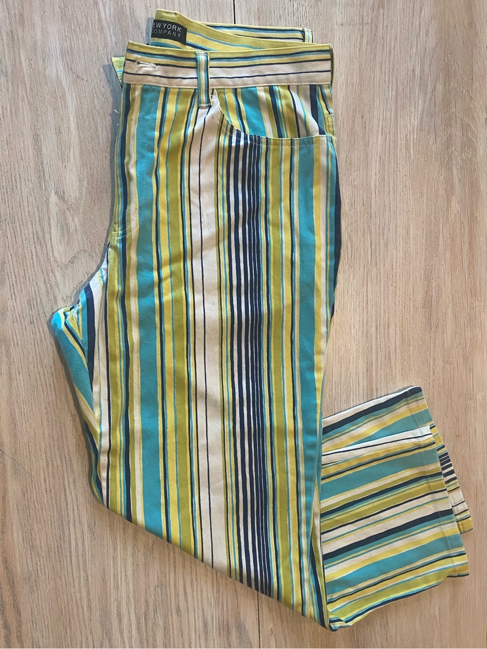Striped Cotton women’s Pants in Teal & Yellow - New York & Company